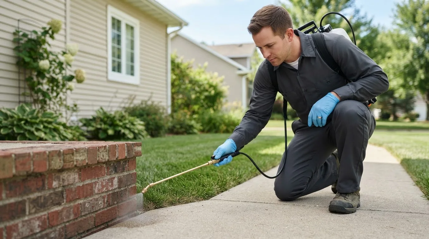Pest control technician treating a home near Sykesville, MD